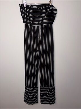 Strapless Black & White Vertical-Stripe Jumpsuit Medium